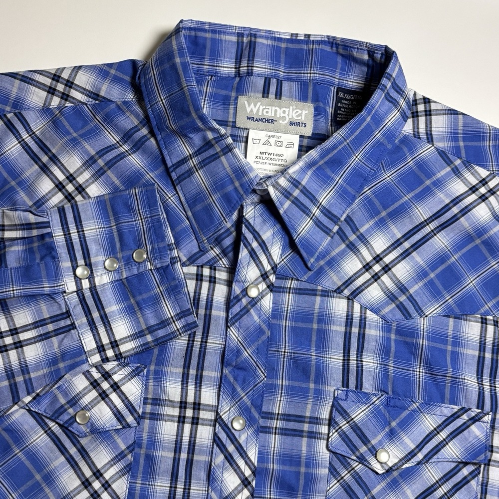 Wrangler Wrancher‎ Pearl Snap Western Shirt Mens XXL Blue Long Sleeve Cowlboy